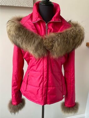Hot Pink Fox Fur-Trim Puffer Jacket with Plush Collar